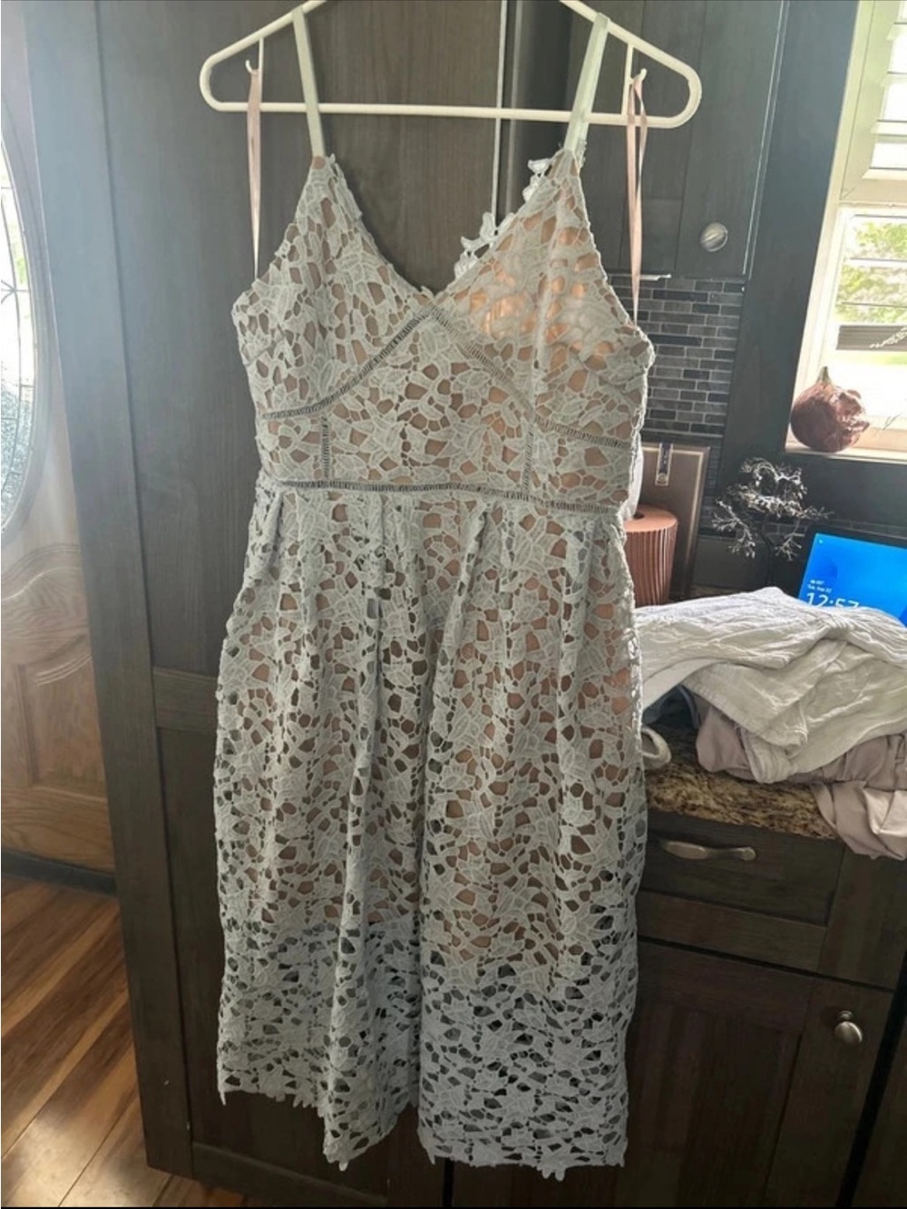 entro Light Gray Crochet Lace Midi Dress with V-Neck